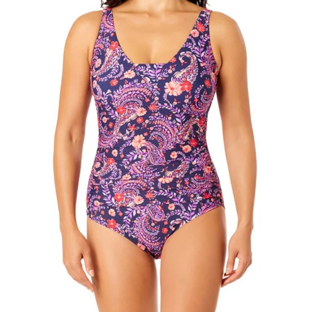 Lands End Womens One-Piece Swimsuit Purple Print Ruched Adjustable Strap Small
